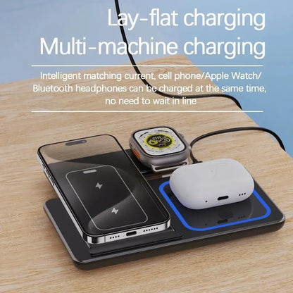 Station de Charge Sans Fil 3-en-1 Pliable – Chargeur MagSafe Rapide pour iPhone 15, 14, 13, 12 Pro Max, Apple Watch et AirPods, Compact et Portable– Support de Charge Rapide