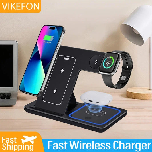 Station de Charge Sans Fil 3-en-1 Pliable – Chargeur MagSafe Rapide pour iPhone 15, 14, 13, 12 Pro Max, Apple Watch et AirPods, Compact et Portable– Support de Charge Rapide