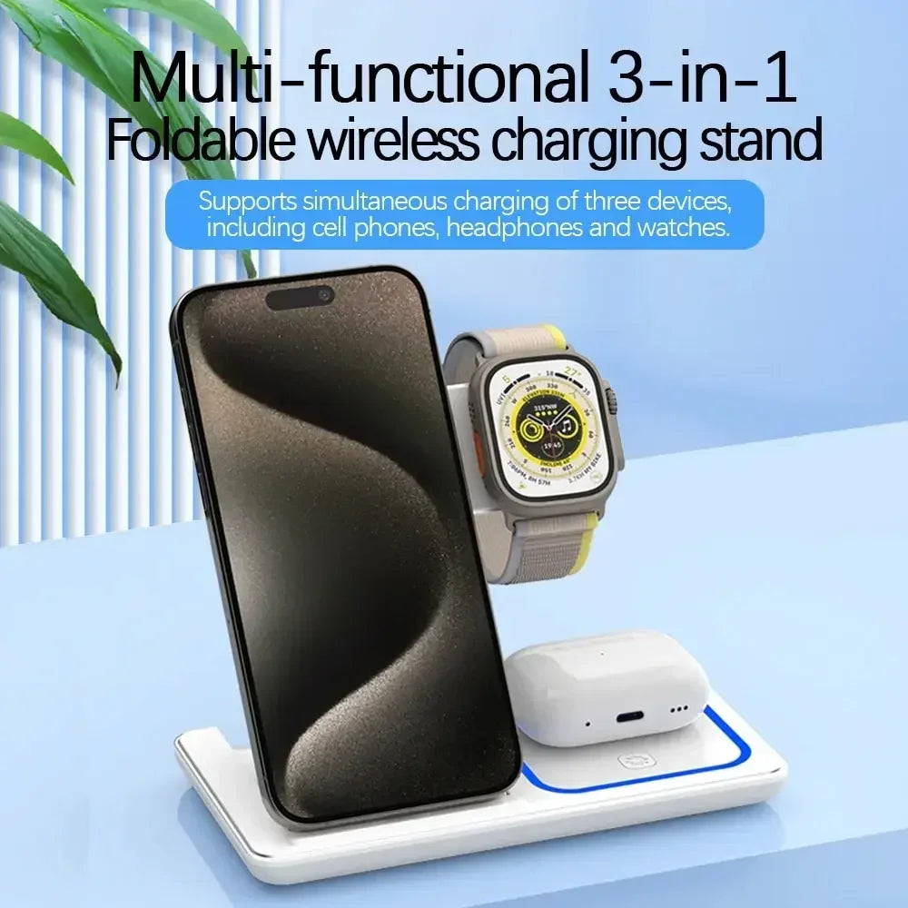 Station de Charge Sans Fil 3-en-1 Pliable – Chargeur MagSafe Rapide pour iPhone 15, 14, 13, 12 Pro Max, Apple Watch et AirPods, Compact et Portable– Support de Charge Rapide